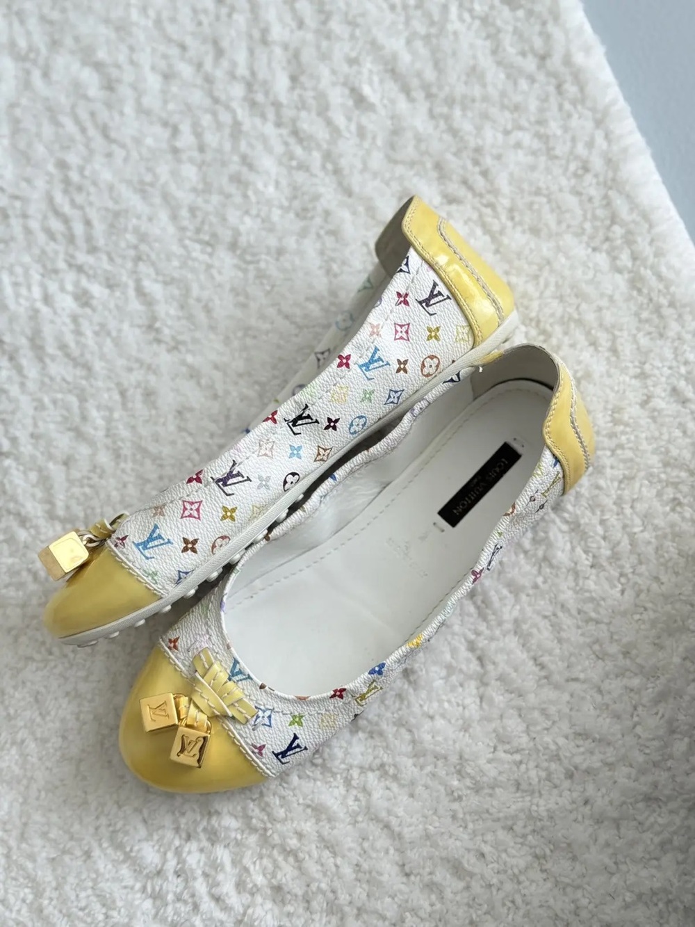 FA White Multicolor Monogram Ballet Flats with Yellow Cap Toe